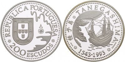 Португалия 200 эскудо 1993 450 лет с момента первой высадки в Японии на острове Танегасима KM 665а серебро PROOF 00-00