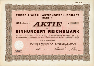 Германия 100 рейхсмарок 1928 Акционерное общество "Поппе и Вирт", Берлин, акция   бумага   8803-63-1