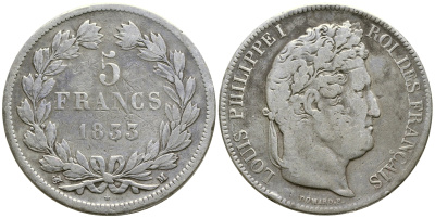 Франция 5 франков 1833 M, Луи Филипп I (1830-1848) KM 749.9 серебро 1066-6-33