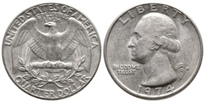США 25 центов (квотер) 1974 Вашингтон KM 164a медь плакированная медно-никелем 4364-524