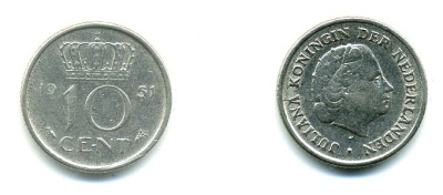 Нидерланды 10 центов 1951 Юлиана (1949-1980) KM 182 никель 76-325