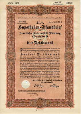 Германия 100 рейхсмарок 1937 Государственное кредитное учреждение Ольденбурга (Государственный банк), ипотечный залог под залог 4-1/2%, облигация   бумага   8802-23-1