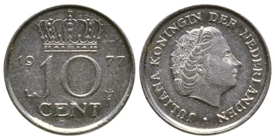 НИДЕРЛАНДЫ 10 ЦЕНТОВ 1977 ЮЛИАНА KM 182 никель 4383-448