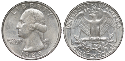 США 25 центов = квотер 1989 P, Вашингтон KM A164a медь плакированная медно-никелем 4556-143