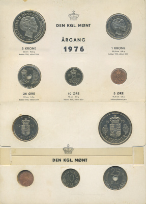 Дания набор из 5 монет 1976 официальный годовой набор мондвора, в оригинальном буклете KM 859.1, 860.1, 861.1, 862.1, 863.1 UNC 1-6-4-13