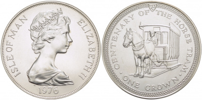 Остров Мэн 1 крона 1976 100 лет конному трамваю KM 38а серебро UNC 1081-4-31