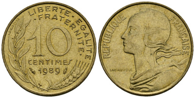 Франция 10 сантимов 1989 тип Marianne KM 929, le Franc 144.29 алюминиевая бронза 4136-429
