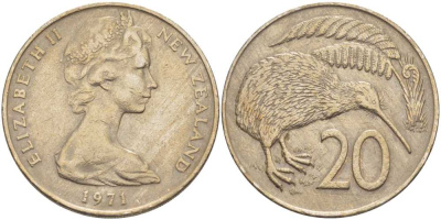 Новая Зеландия 20 центов 1971 Елизавета II (1952-2022), птичка киви KM 36.1 медно-никель 38-733