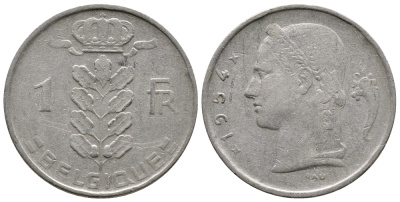 Бельгия 1 франк 1954 Belgique KM 142.1 медно-никель 259-755