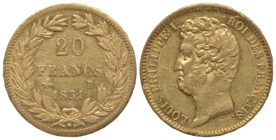 Франция 20 франков 1831 B, Луи-Филипп I KM 746.2 золото aUNC 00-000-00