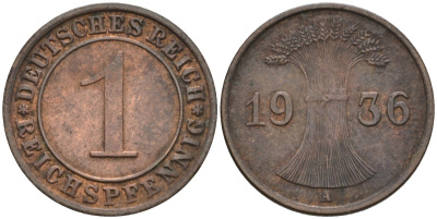 Германия 1 рейхспфенниг 1936 A KM 37, J. 313 бронза 4549-432