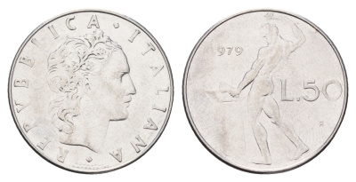 Италия 50 лир 1979 R, бог огня Вулкан у наковальни KM 95.1 нержавеющая сталь 186-1016