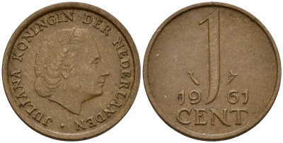 Нидерланды 1 цент 1961 Юлиана (1949-1980) KM 180 бронза    4598-219