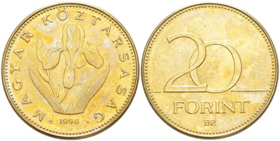 ВЕНГРИЯ 20 ФОРИНТОВ 1996 ВЕНГЕРСКИЙ ИРИС KM 696 никель латунь 4521-1224