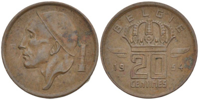 Бельгия 20 сантимов 1954 Belgie, Бодуэн I (1951-1993) KM 147.1 бронза 4528-912