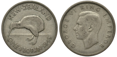 Новая Зеландия 1 флорин 1945 Георг VI (1936-1952), птичка киви KM 10.1 серебро 272-1623