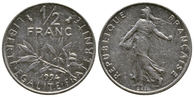 ФРАНЦИЯ 1/2 ФРАНКА 1994 KM 931.1 никель 51-4321