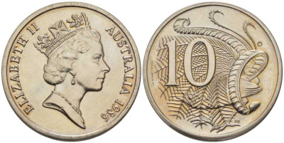 АВСТРАЛИЯ 10 ЦЕНТОВ 1986 ЕЛИЗАВЕТА II, ВТОРОЙ ПОРТРЕТ В КОРОНЕ, ПТИЦА ЛИРАХВОСТ KM 81 медно-никель UNC 4395-551