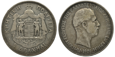 Остров Крит 5 драхм 1901 Георг I (король Греции) (1863-1913) KM 9 серебро 00-816-26