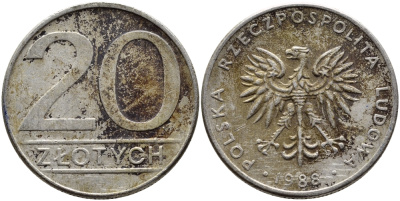 ПОЛЬША 20 ЗЛОТЫХ 1986 MW KM 153.1 медно-никель 4389-1012