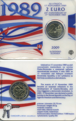 Словения 2 евро 2009 демократия, 20 лет революции 17 ноября 1989 года, тираж 7000 экз., в оригинальном буклете биметалл UNC 1-4-2-22