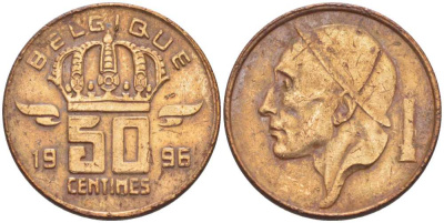 БЕЛЬГИЯ 50 САНТИМОВ 1996 BELGIQUE, БОДУЭН I (1951-1993) KM 148.1 бронза 214-667