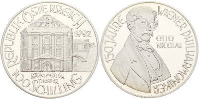 Австрия 100 шиллингов 1992 150 лет Венской филармонии - Отто Николаи, в коробке, с сертификатом подлинности KM 3005 серебро PROOF 3-4-4-10