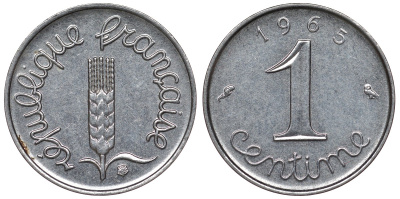 Франция 1 сантим 1965 пятая республика KM 928, Le Franc 106.10 нержавеющая сталь 4124-362