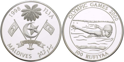 Мальдивские острова 100 руфий 1998 Олимпийские игры в Сиднее 2000 года, плавание KM 98 серебро PROOF 00-00
