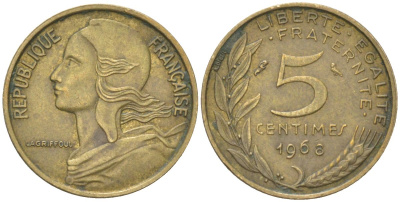Франция 5 сантимов 1968 KM 933 алюминиевая бронза 4613-858
