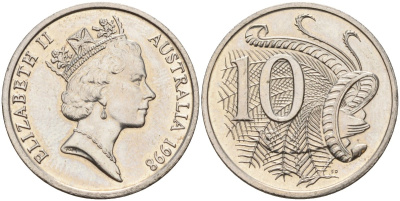 Австралия 10 центов 1998 Елизавета II (1953-), птица лирахвост KM 81 медно-никель 4141-116