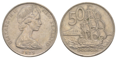 Новая Зеландия 50 центов 1975 Елизавета II (1952-2022), парусник Индевор KM 37.1 медно-никель 4645-1143