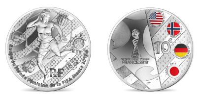 Франция 10 евро 2019 Чемпионат мира по футболу среди женщин, FIFA, Тип 2, оригинальная коробка, сертификат KM NEW серебро PROOF 8-1-03-07