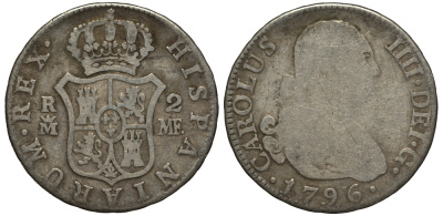 Испания 2 реала 1796 MF, мондвор (Мадрид), Карлос IIII (1788-1808) KM 430.1 (C69.1) серебро 650-934