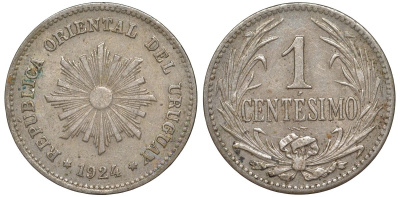 Уругвай 1 сентесимо 1924 KM 19 медно-никель 4181-1143