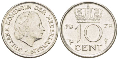 Нидерланды 10 центов 1978 Юлиана (1948-1980) КМ 182 никель 211-1239