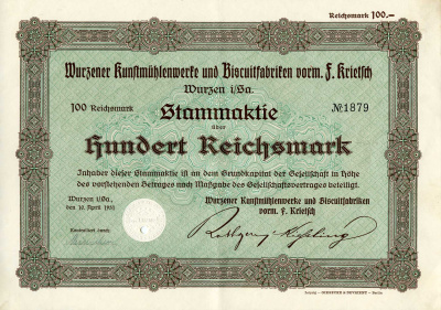 Германия 100 рейхсмарок 1931 Художественные фабрики Вюрцена и бисквитные фабрики, в частности, им. Ф. Критча, им. Вюрцена и др., зеленая, акция   бумага  8801-50-1