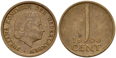 Нидерланды 1 цент 1960 Юлиана (1949-1980) KM 180 бронза    4598-216