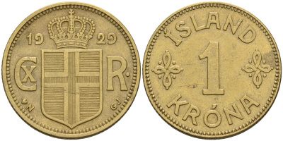 Исландия 1 крона 1929 N-GJ, Кристиан X (1912-1944) KM 3.1 алюминиевая бронза 93-432
