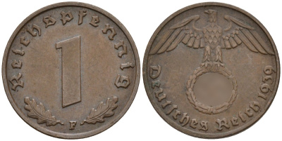 Германия 1 рейхспфенниг 1939 F KM 89, J. 361 бронза 4147-1214