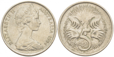 АВСТРАЛИЯ 5 ЦЕНТОВ 1984 ЕЛИЗАВЕТА II, МОЛОДОЙ ПОРТРЕТ, ЕХИДНА KM 64 медно-никель 3851-1136