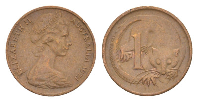 Австралия 1 цент 1973 Елизавета II (1952-2022), молодой портрет, опоссум KM 62 бронза 4585-346