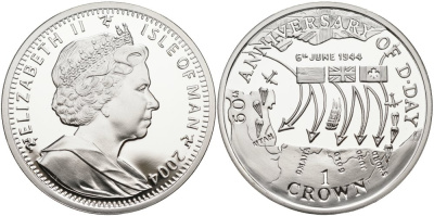 Остров Мэн 1 крона 2004 60 лет D-DAY, карта наступления союзников KM 1222a серебро PROOF 02-109-45