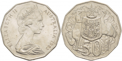 Австралия 50 центов 1983 Елизавета II (1952-2022), герб, кенгуру KM 68 медно-никель 29-115
