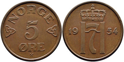 НОРВЕГИЯ 5 ЭРЕ 1954 KM 400 бронза 51-1541