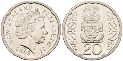 Новая Зеландия 20 центов 2008 Елизавета II (1952-2022), идол Пукаки KM 118а никелированная сталь 4579-1211