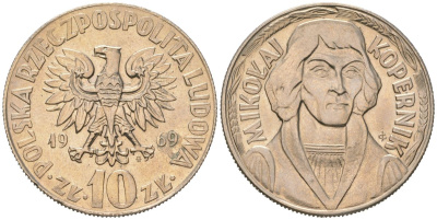 Польша 10 злотых 1969 MW, Николай Коперник Y 51a медно-никель UNC 4599-1144