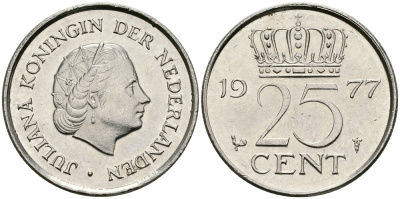 Нидерланды 25 центов 1977 Юлиана (1948-1980) KM 183 никель 96-247