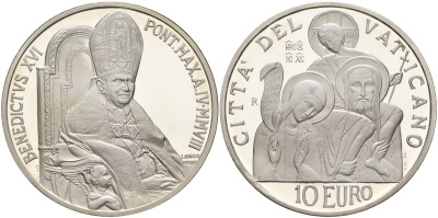 Ватикан 10 евро 2008 Бенедикт XVI, Всемирный день мира, в оригинальной коробке, с сертификатом KM 407 серебро PROOF 7-1-58