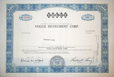 США, VOGUE INSTRUMENT CORP. 100 акций 1969 бумага 00-00